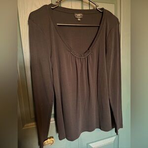 Talbots Women’s Knit Top Shirt Size  Large Black Gathered Neck Rhinestones